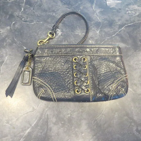 Coach Black Leather Wristlet with Brass Grommet Lace-Up Detail – Gently Used (B1 - Picture 2 of 4